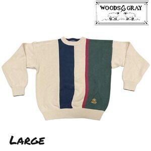 Vintage Woods & Gray Mens LARGE Knitted Color Block 100% Cotton Crewneck Sweater